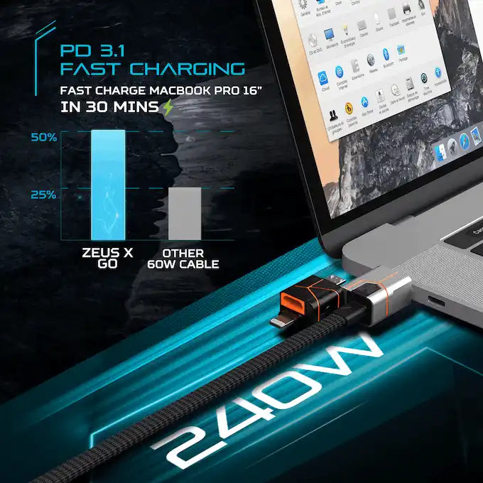 Black and orange 240W charging cable connected to a laptop.