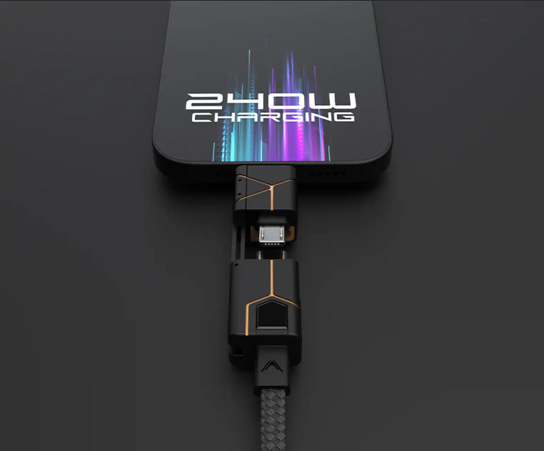 Black phone charging with a modular cable.