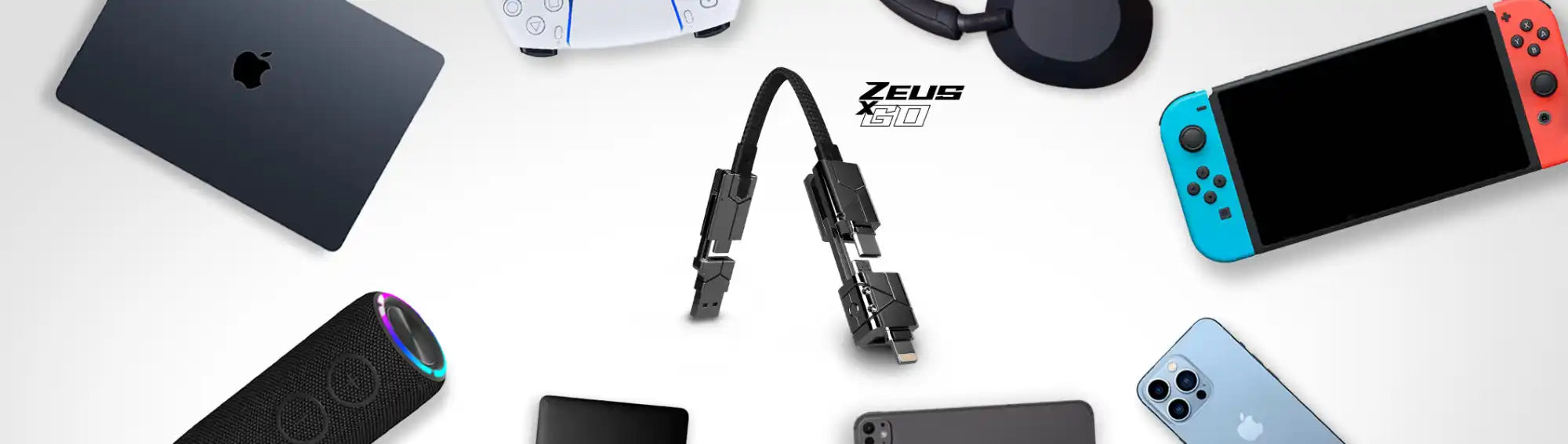 Black short flexible charging cable with multiple connectors.