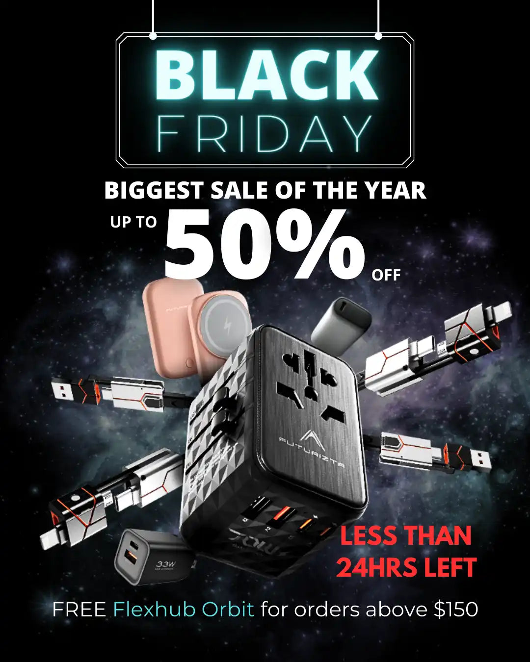 Black universal travel adapter.