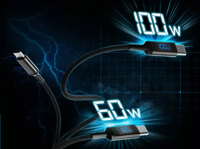 Braided USB-C charging cables with wattage displays.