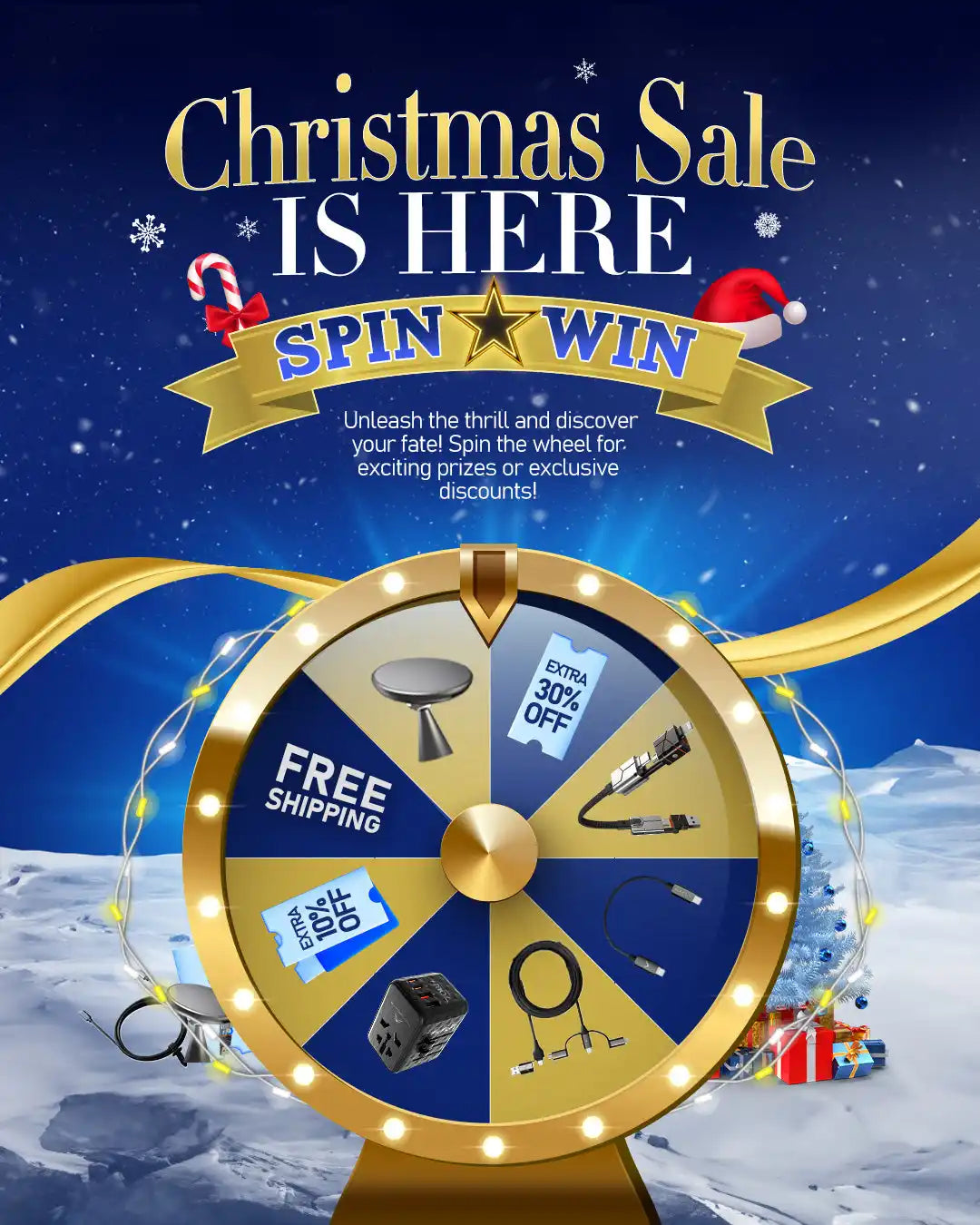 A Christmas-themed ’Spin & Win’ prize wheel offering discounts and prizes.