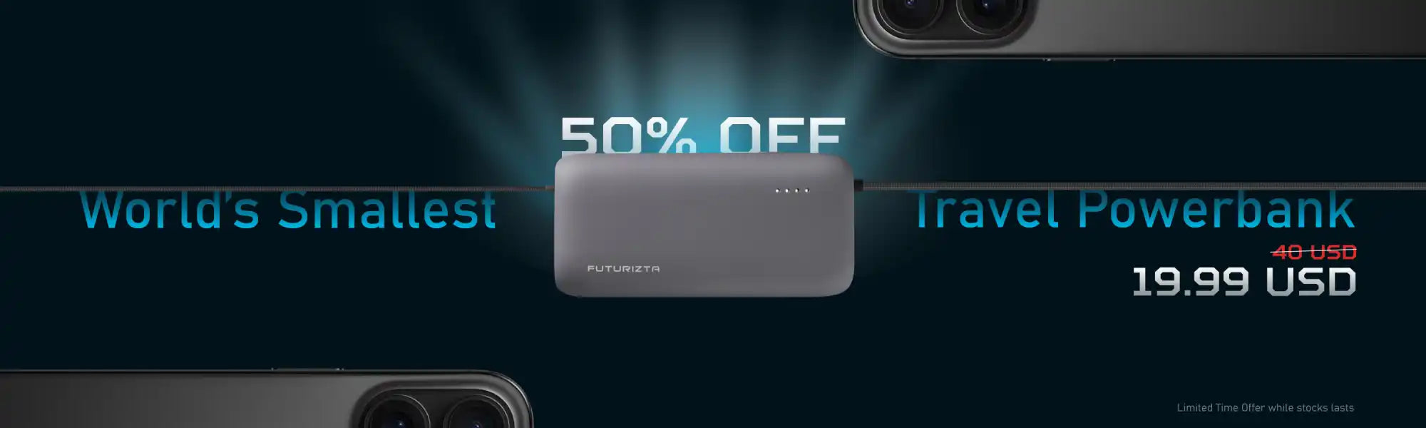 Gray travel power bank with a 50% discount.