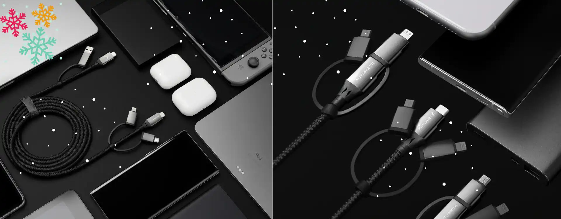 A multi-device charging cable with various connectors.