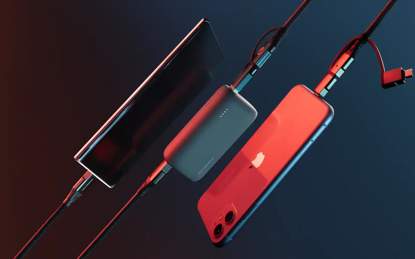 Portable power bank charging two smartphones.