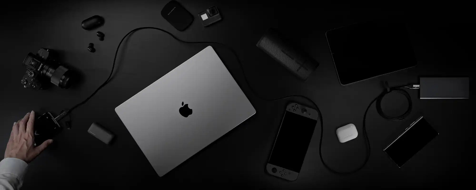 Silver laptop with Apple logo.