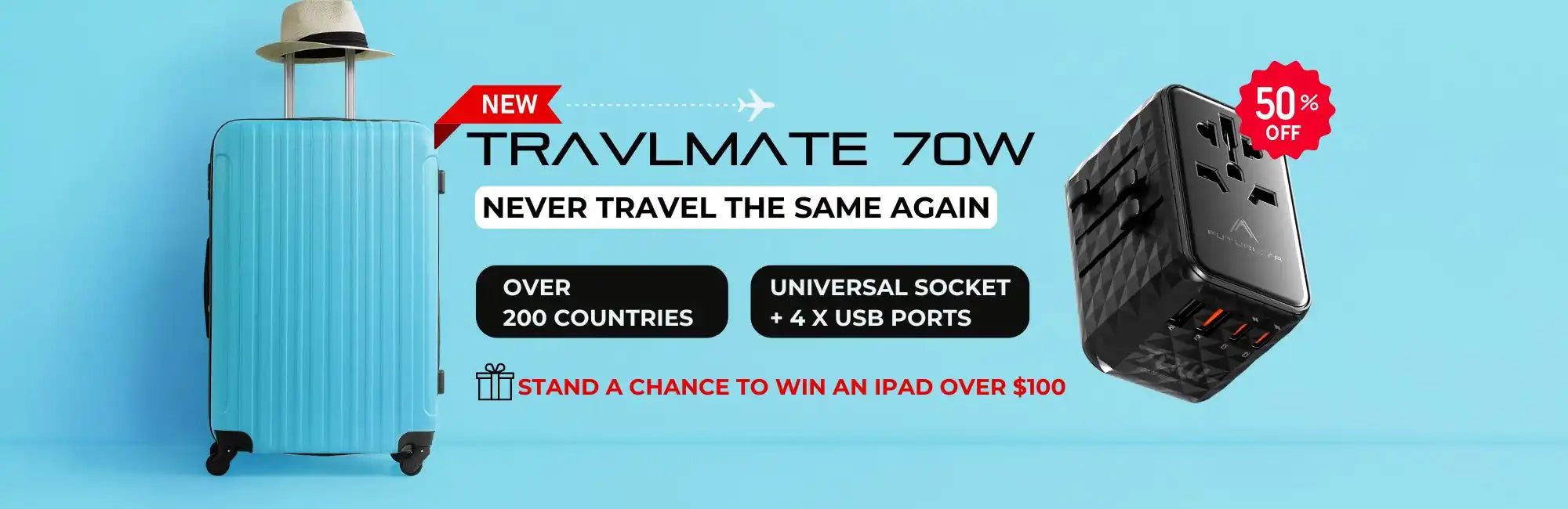 Travel adapter with multiple sockets and USB ports.