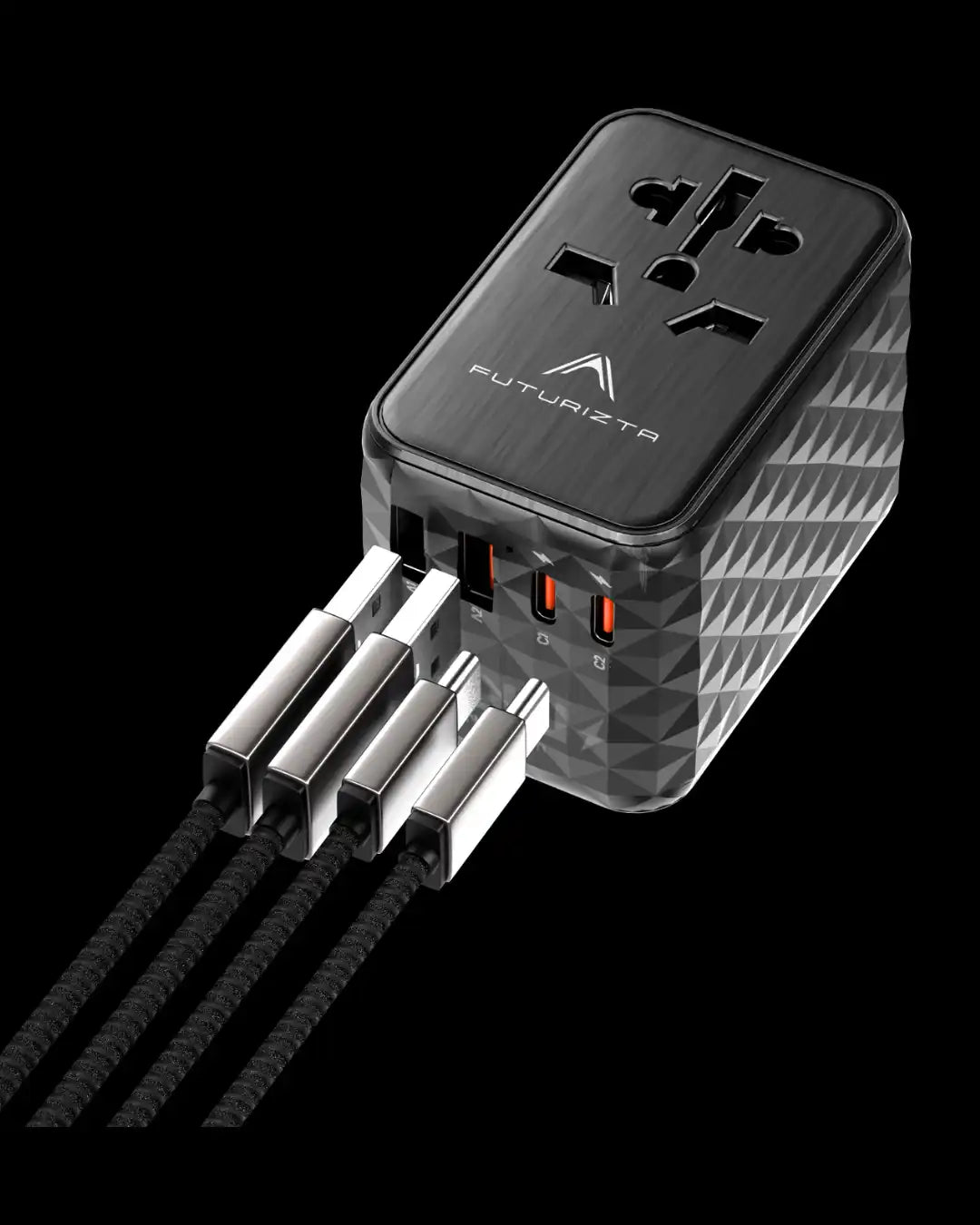 Universal power adapter with multiple USB ports and connected cables.