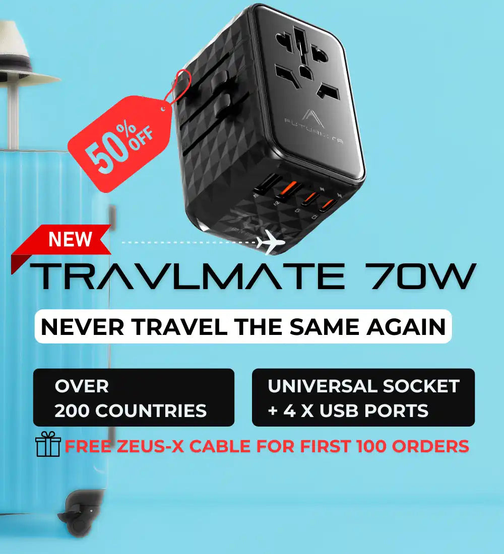 Universal travel adapter with USB ports.