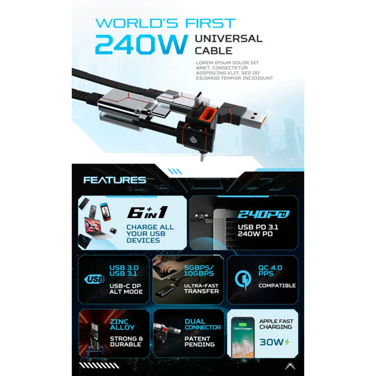 Zeus-X Go Ultra 6-in-1 Universal Cable - Mobile Phone Accessories