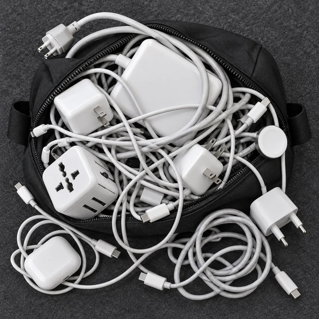An overstuffed travel bag that won't zip, full of tangled chargers, cables and plug adapters