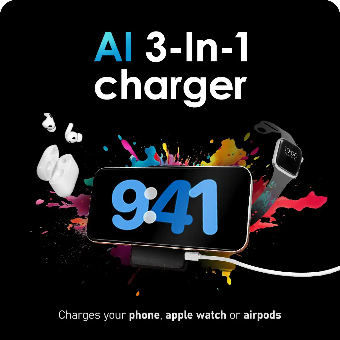 AI 3-in-1 charger for phone, Apple Watch, or AirPods.