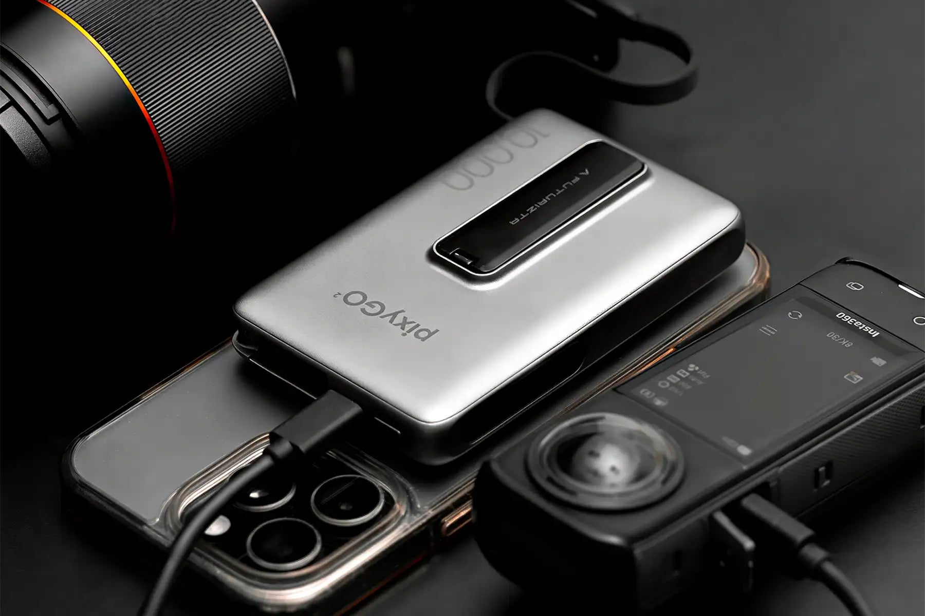 Silver rectangular power bank with black accent strip and ’prygo’ branding on the back