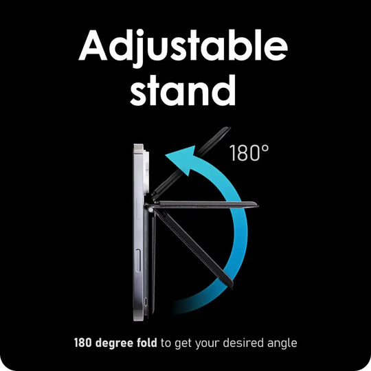 A smartphone case with an integrated, adjustable 180-degree folding stand.