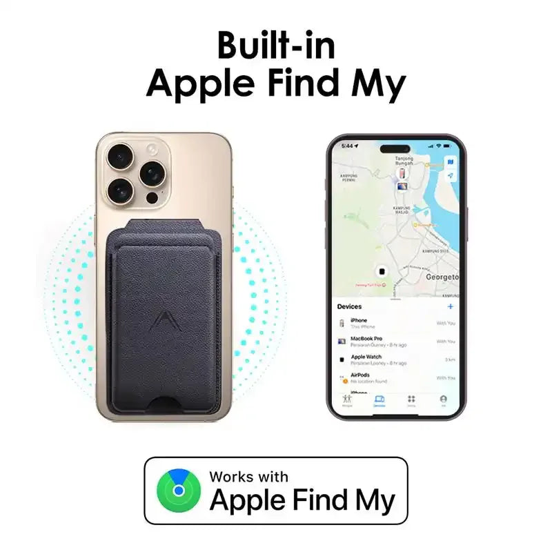 A smartphone with a magnetic wallet attachment and a display showing a map and a list of devices.