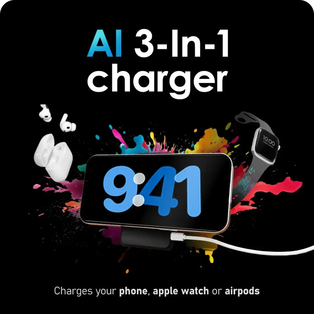 AI 3-in-1 charger for phone, Apple Watch, or AirPods.