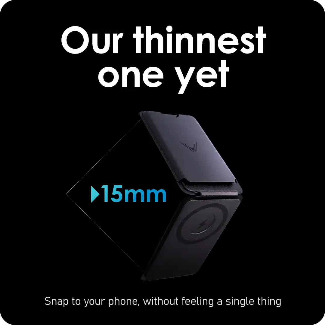 A black, foldable smartphone accessory with a magnetic charging pad, measuring 15mm thick.