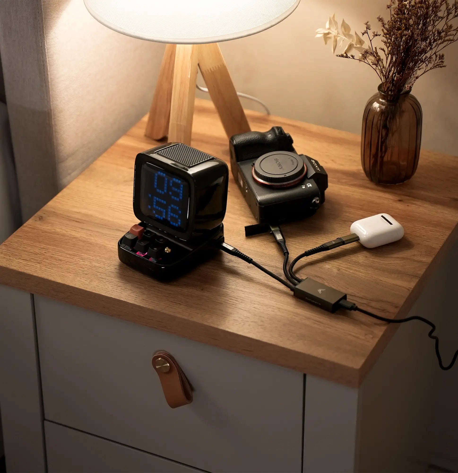 Black retro-style digital alarm clock with blue led display and textured surface