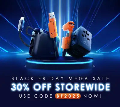 Black usb charging adapter with orange and black design, featuring multiple ports including a standard usb-a connector.