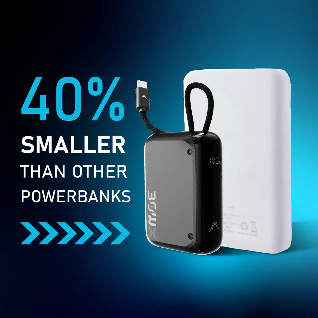 Compact black power bank with attached charging cable.