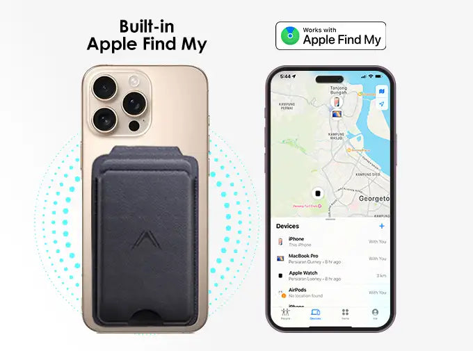 Gold iphone 13 pro with black magnetic wallet case and built-in apple find my feature.