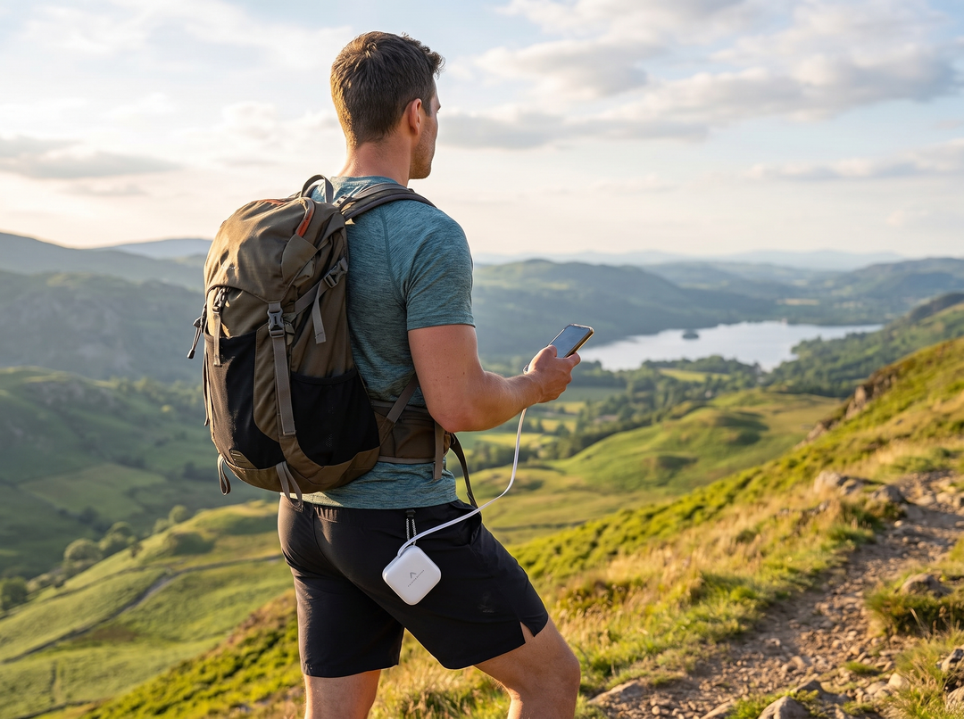 Hiker Checking Phone While Pixy Pop Powerbank Charges from Shorts Pocket