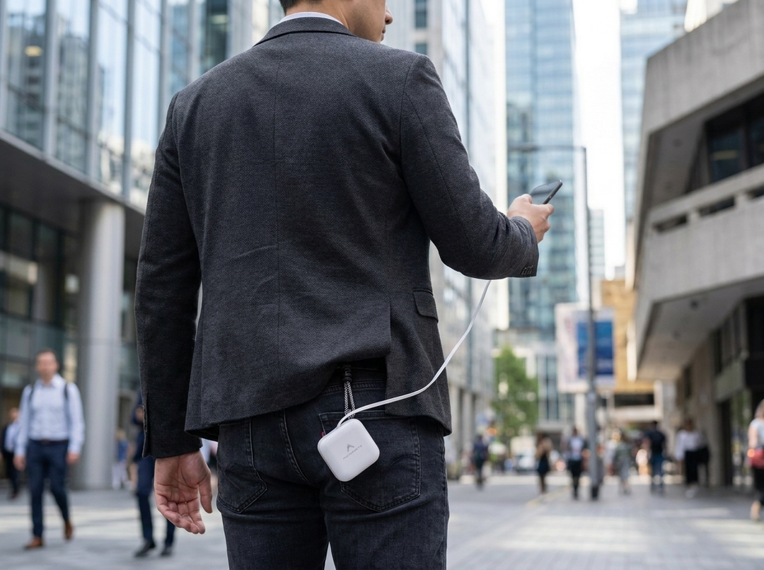 Businessman Walking City Street Using Phone Connected to Pixy Pop Powerbank