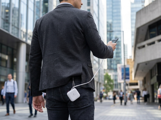 Businessman Walking City Street Using Phone Connected to Pixy Pop Powerbank
