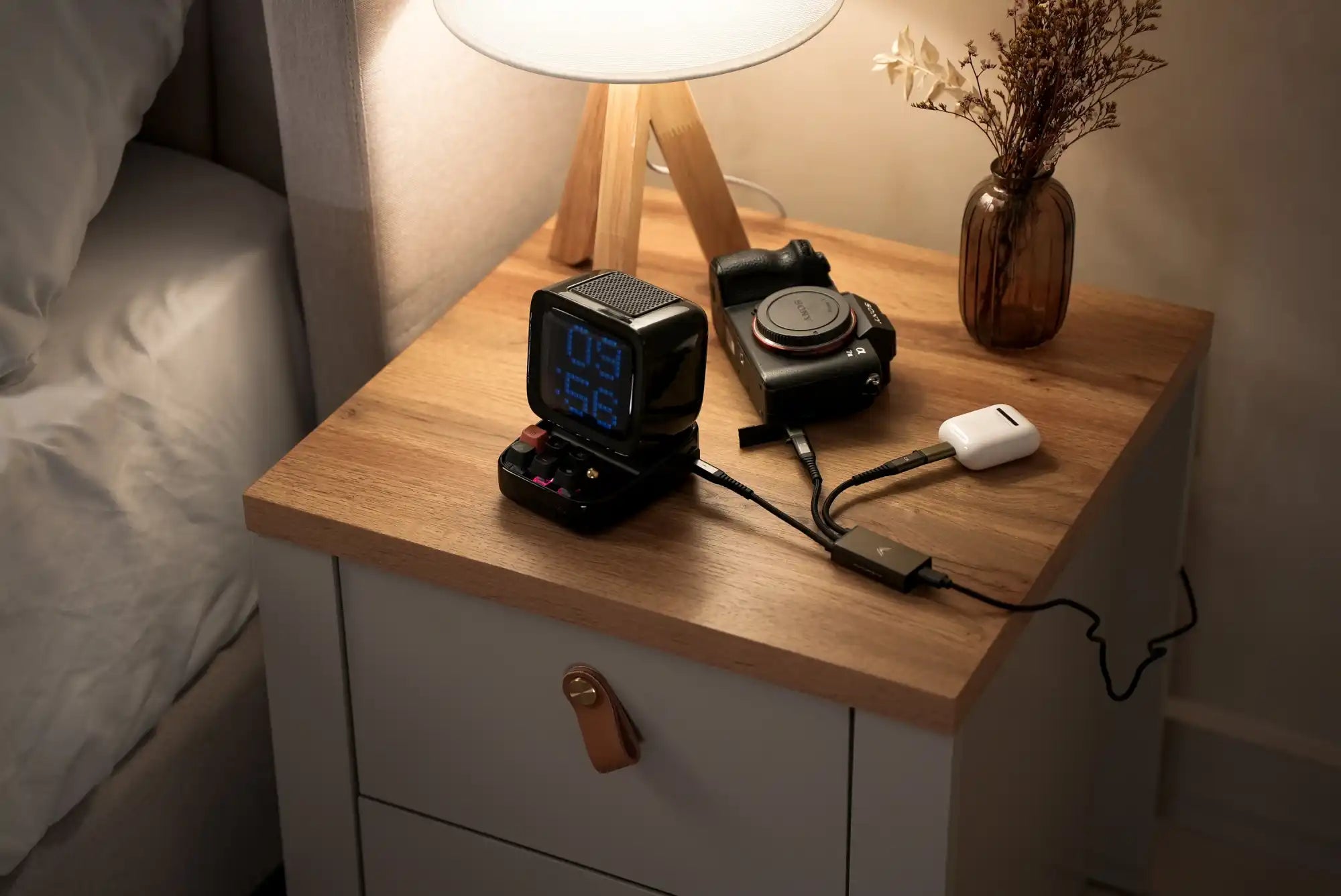 Nightstand with electronics.