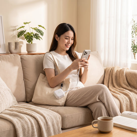 Woman on Couch Fast Charging Phone with Pixy Pop 40W Powerbank