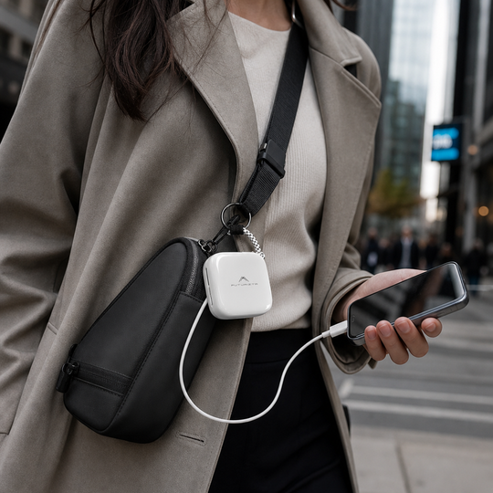 Woman Walking City with Pixy Pop Powerbank Clipped to Crossbody Bag Charging Phone Hands-Free