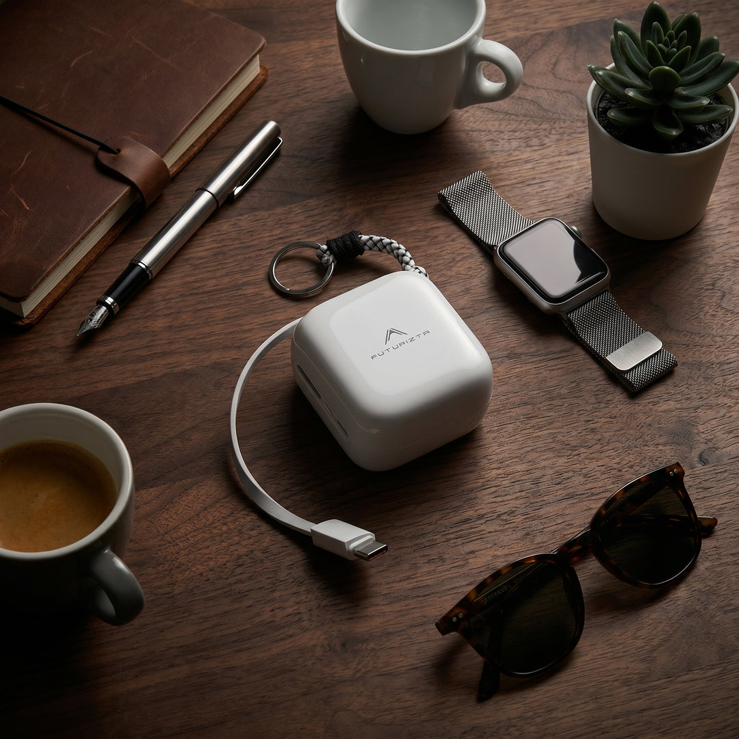 Woman Seated Charging Device with Pixy Pop USB-C Powerbank