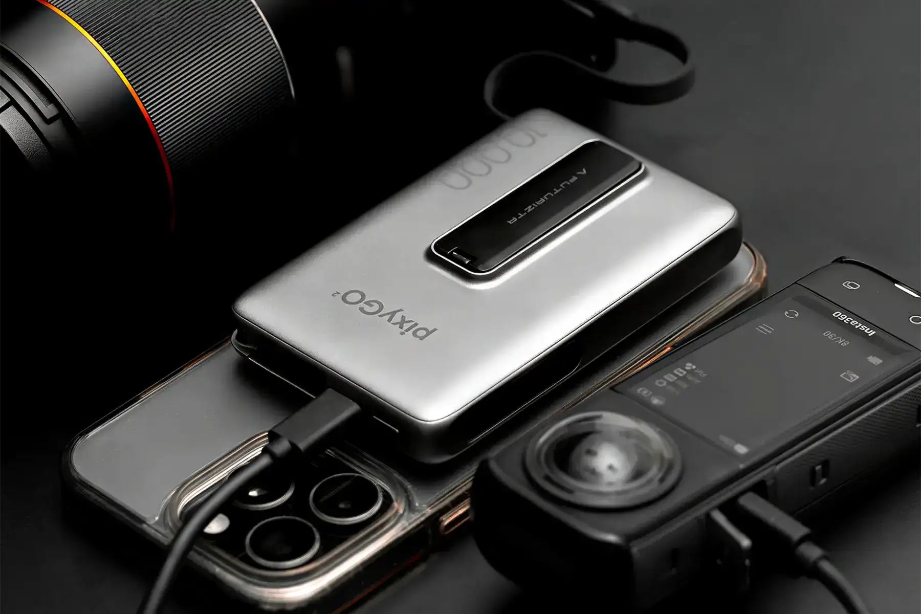 Silver rectangular pny go! External battery with a black accent strip and matte finish.