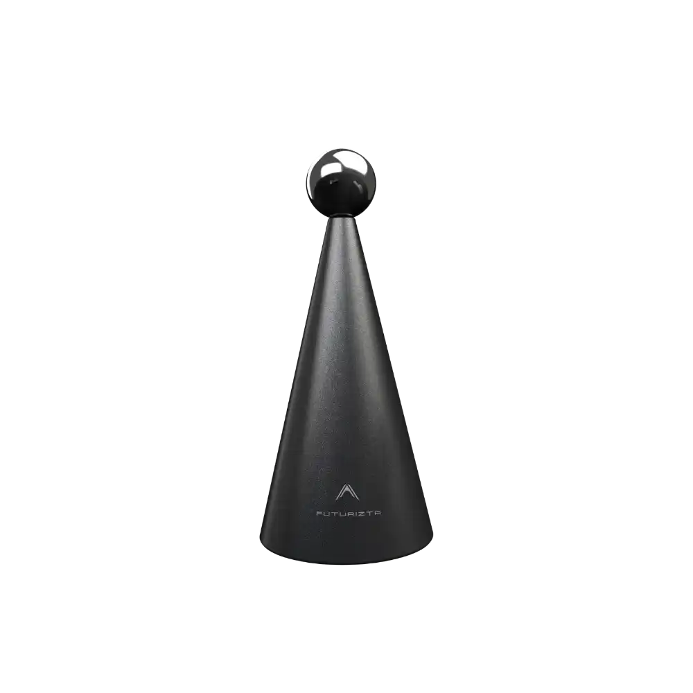 Sleek black cone with silver sphere.