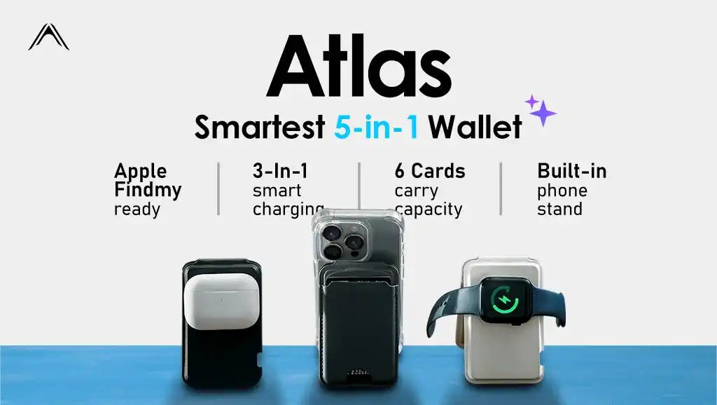 A smart 5-in-1 wallet that features Apple FindMy readiness, 3-in-1 smart charging, 6-card carry capacity, and a built-in phone stand.