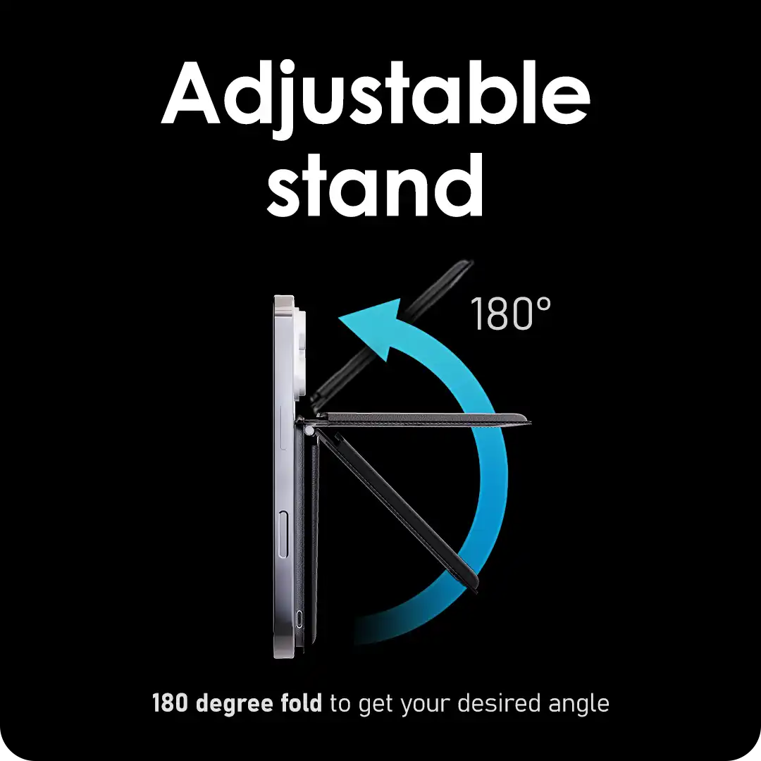 A smartphone case with an integrated, adjustable 180-degree folding stand.