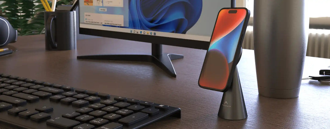 Smartphone on a charging stand.