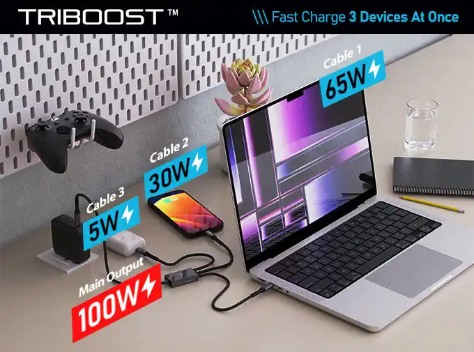 Charging station powering multiple devices.