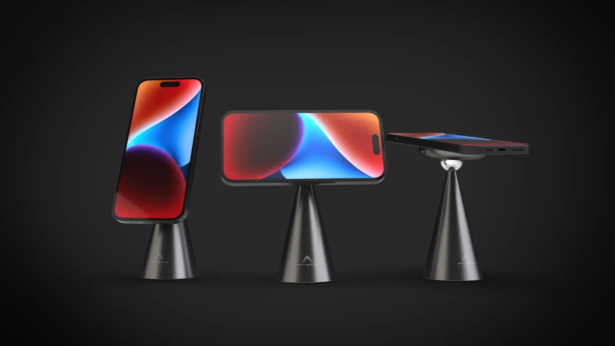 Three smartphones on stands.